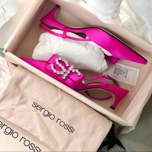 SERGIO ROSSI pink sr Icona bow-embellished satin slingback pumps NIB size 36